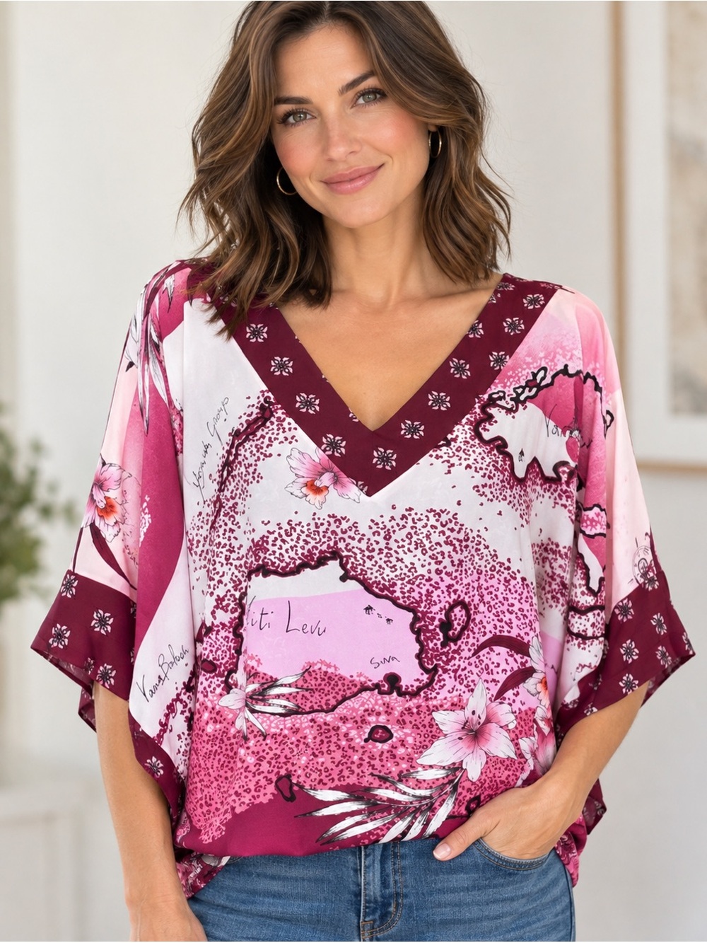 NWT White House Black Market Fiji Sunset Printed Kimono V-Neck Blouse Size M